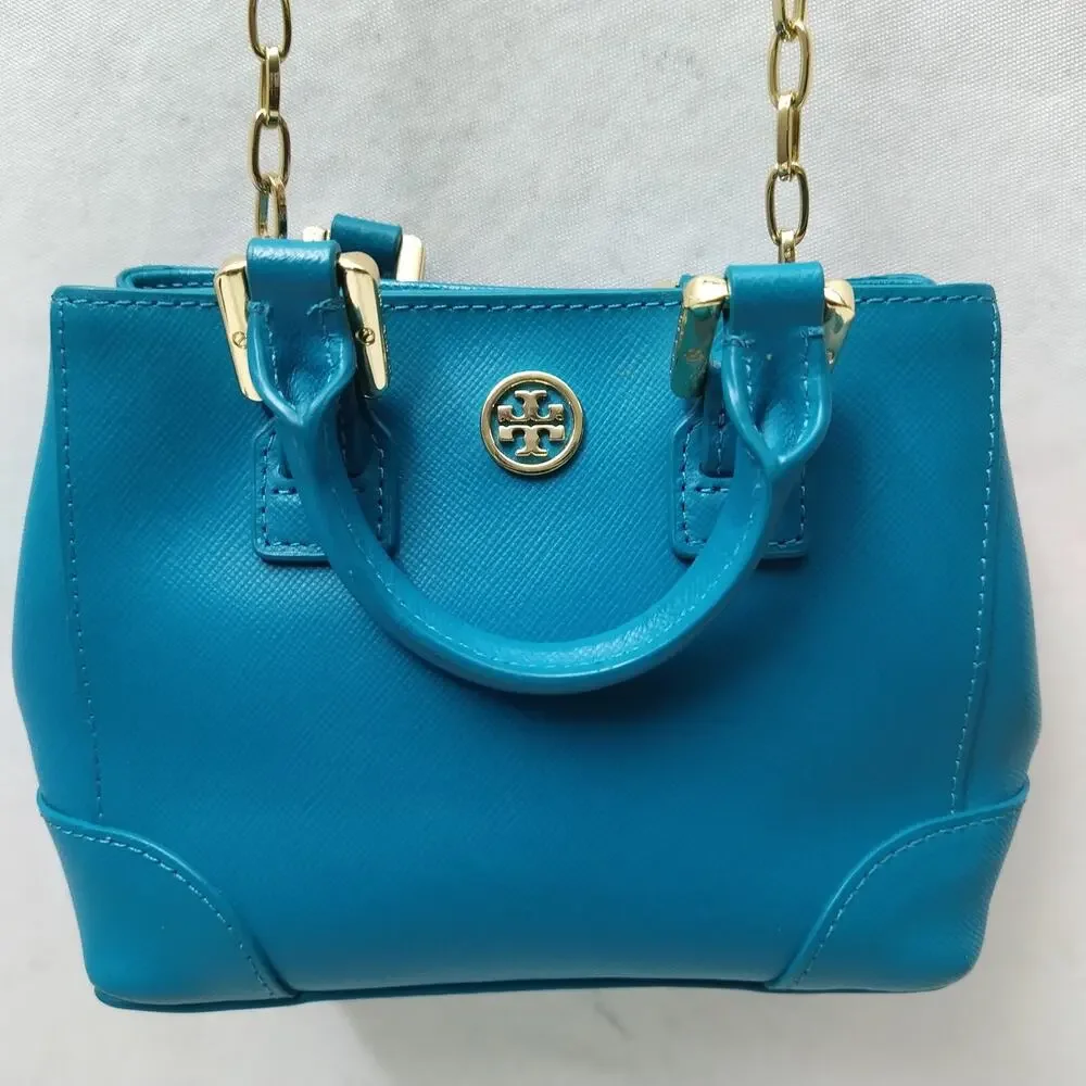 Tory Burch Robinson Blue Leather Doubled Handles Mini Tote Crossbody Bag